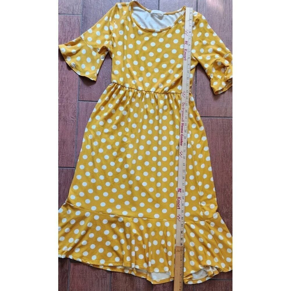 Mustard Yellow Polka Dot Retro Rockabilly Waist Midi Dress Ruffle Fit Flare Soft - Picture 8 of 9